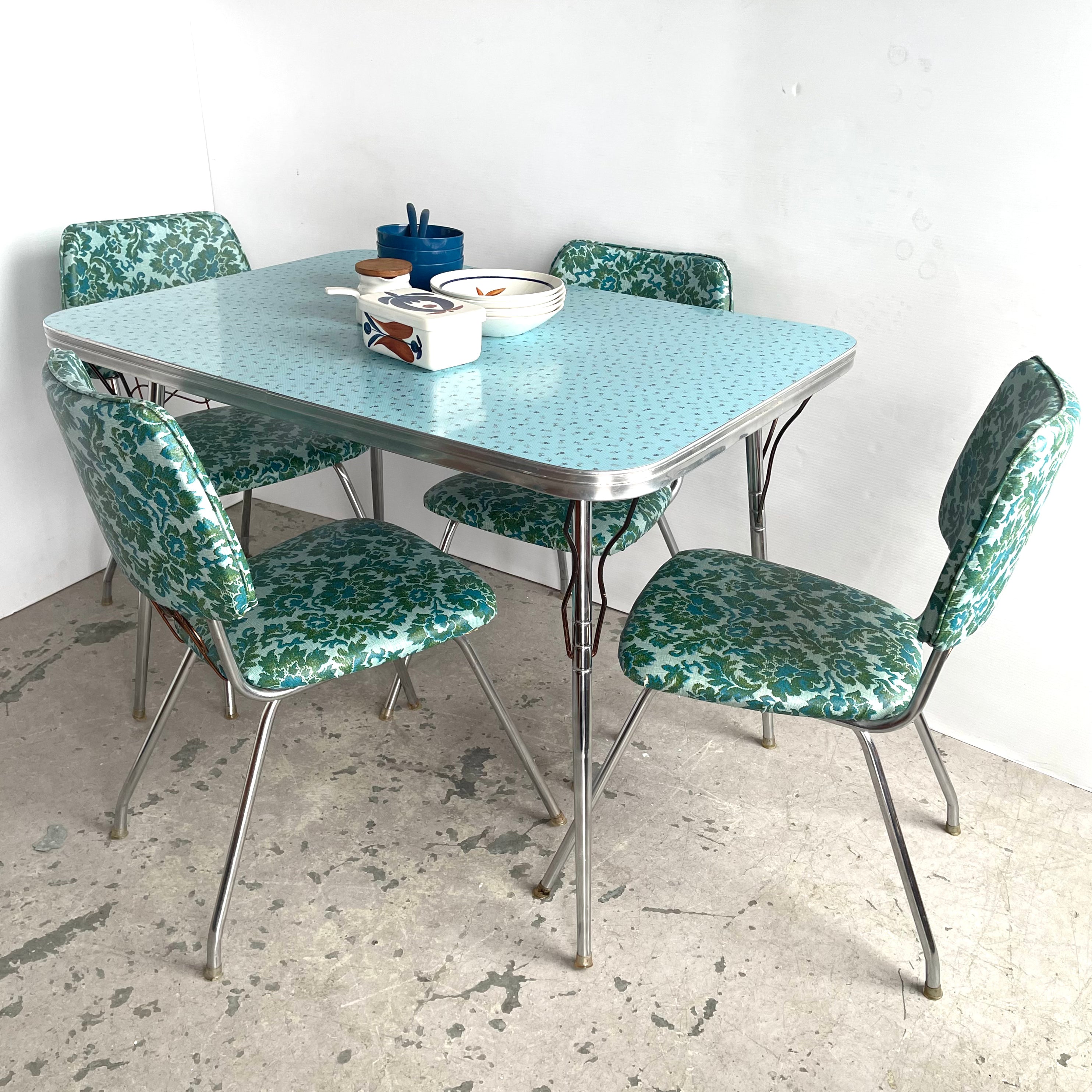 1950s Flower Pattern Turquoise Table + Chair Set - Mr. Mansfield Vintage