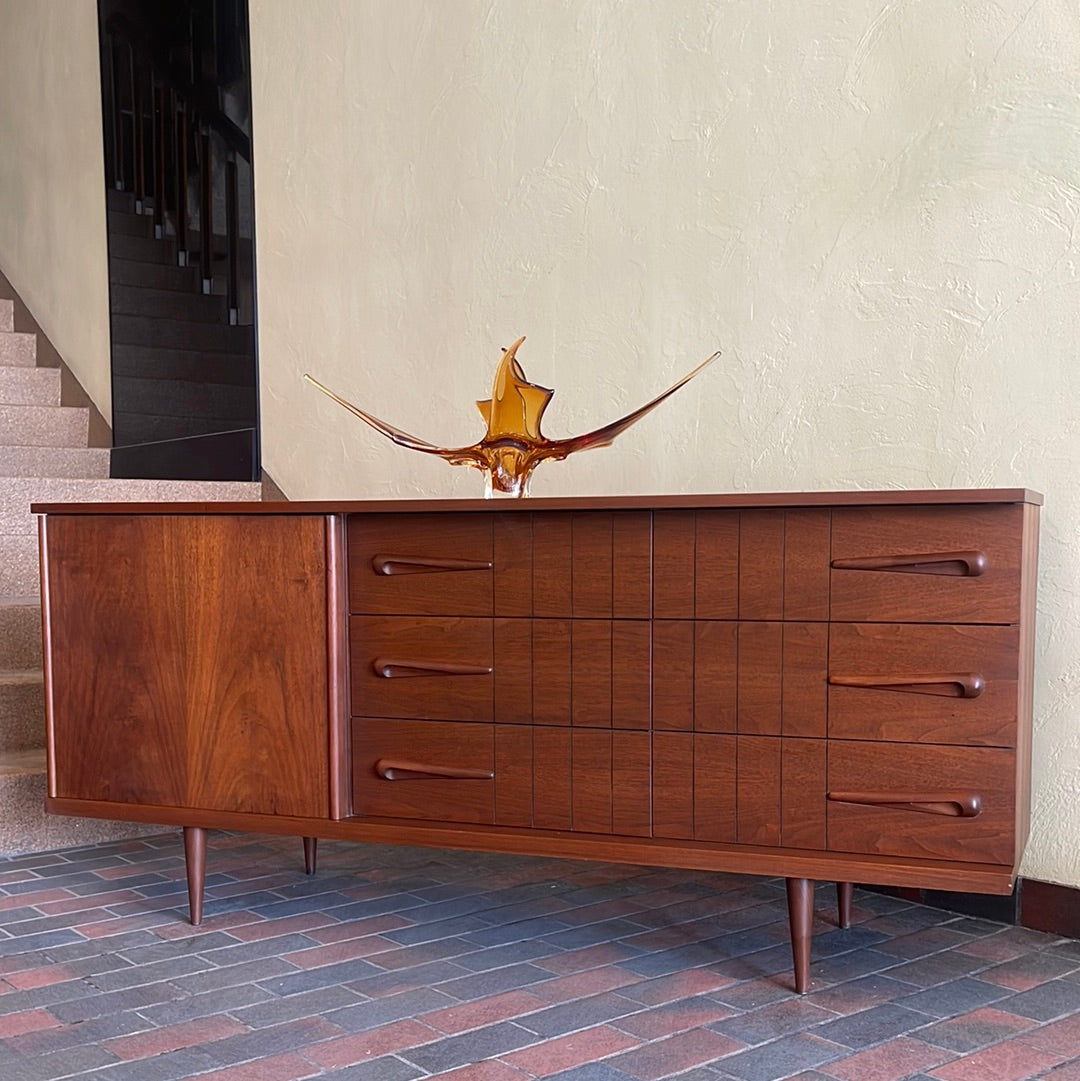 Viscol Victoriaville walnut 9 drawer dresser with sculpted handles and mid-century credenza profile
