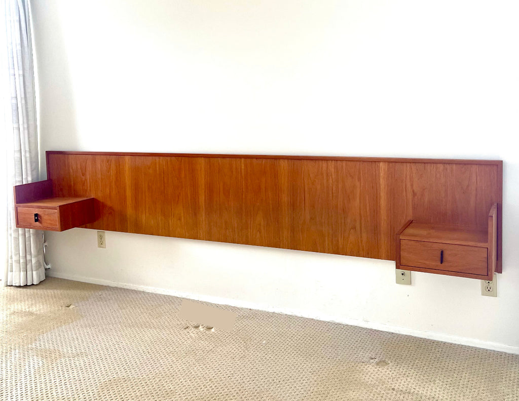 Wall Mounted Teak King Size Headboard with Floating Nightstands