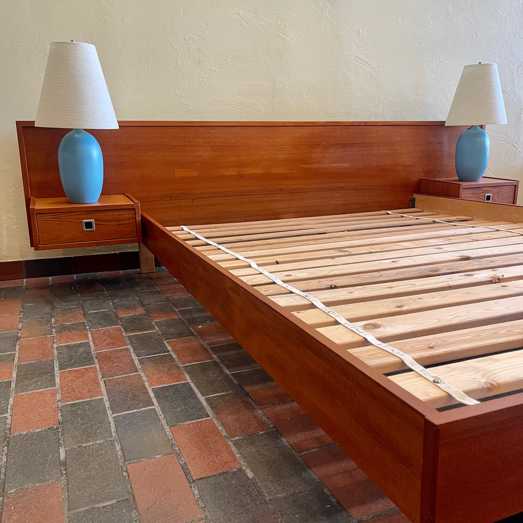 Teak Queen Size Bed + Floating Nightstands (Metal Pulls)