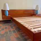Teak Queen Size Bed + Floating Nightstands (Metal Pulls)