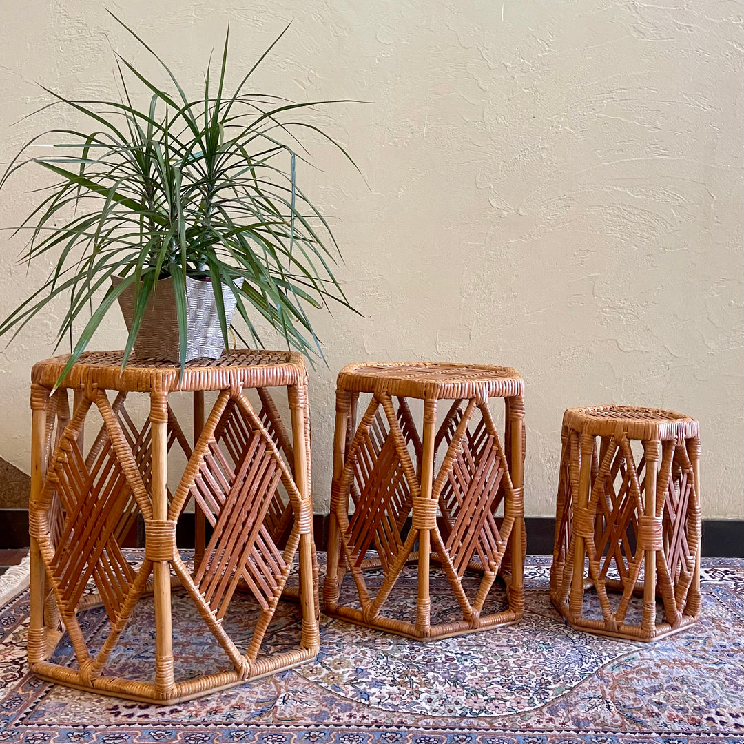 Three Vintage Wicker Nesting Tables