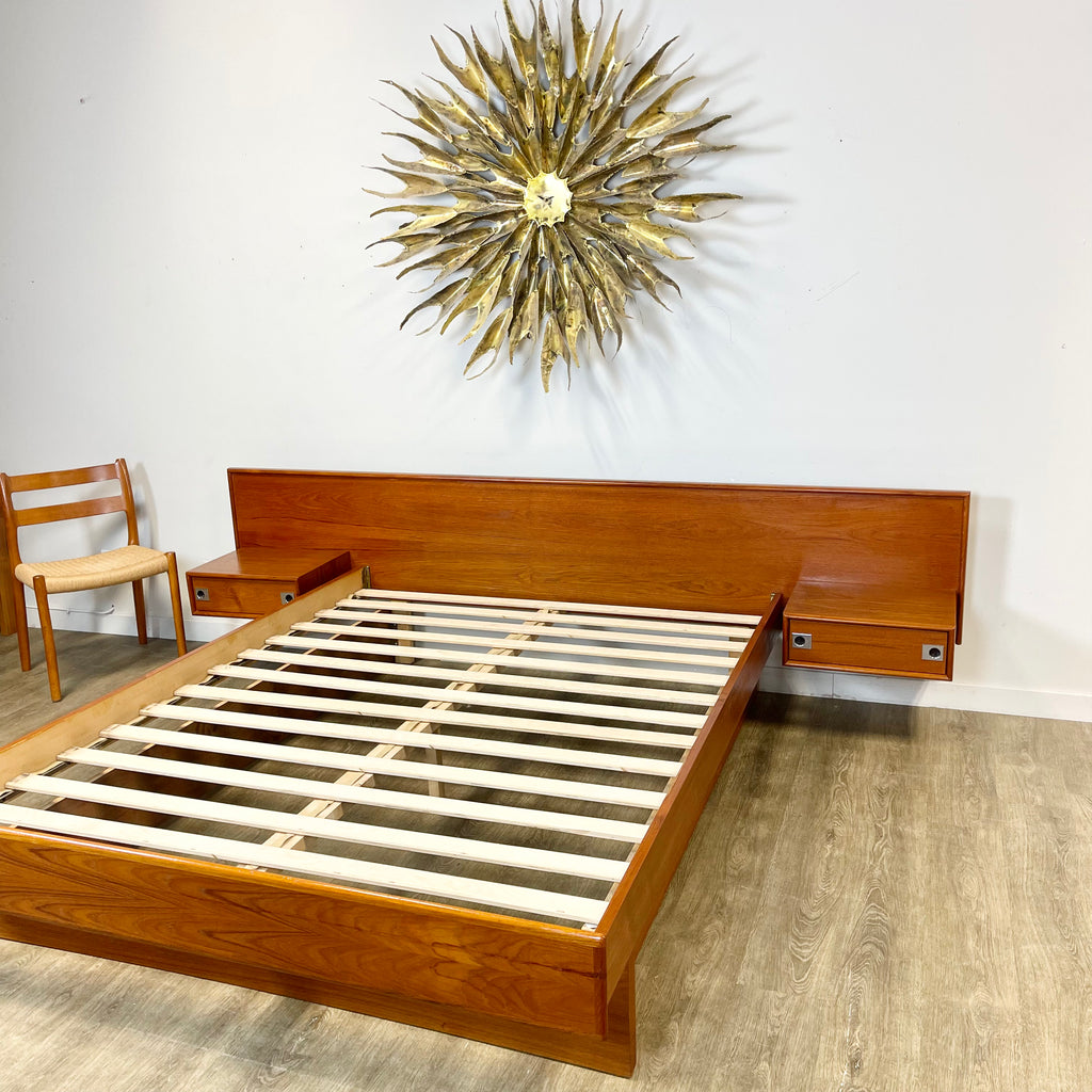 Midcentury Teak Queen Size Platform Bed + Floating Nightstands - Mr. Mansfield Vintage