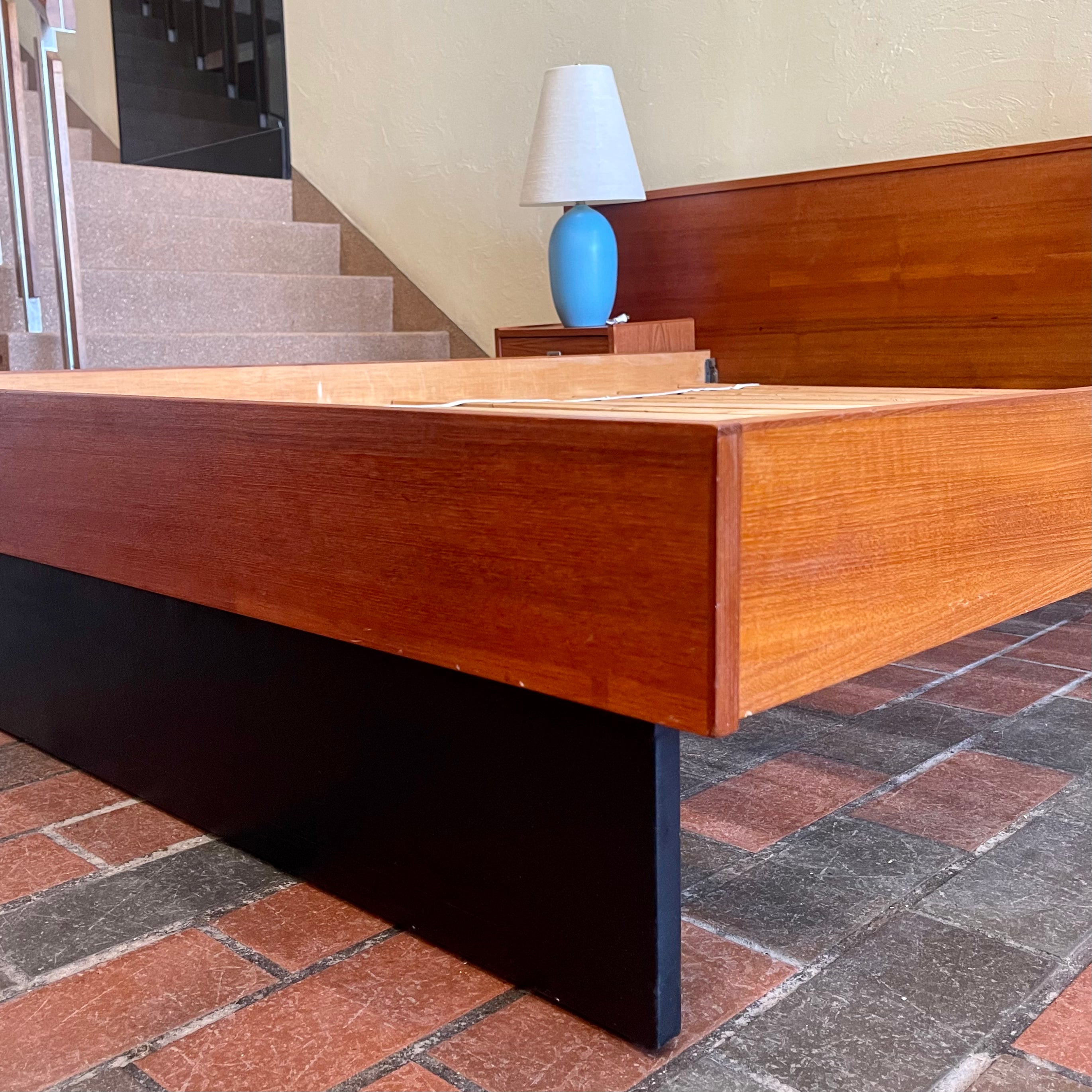 Teak Queen Size Bed + Floating Nightstands (Metal Pulls)