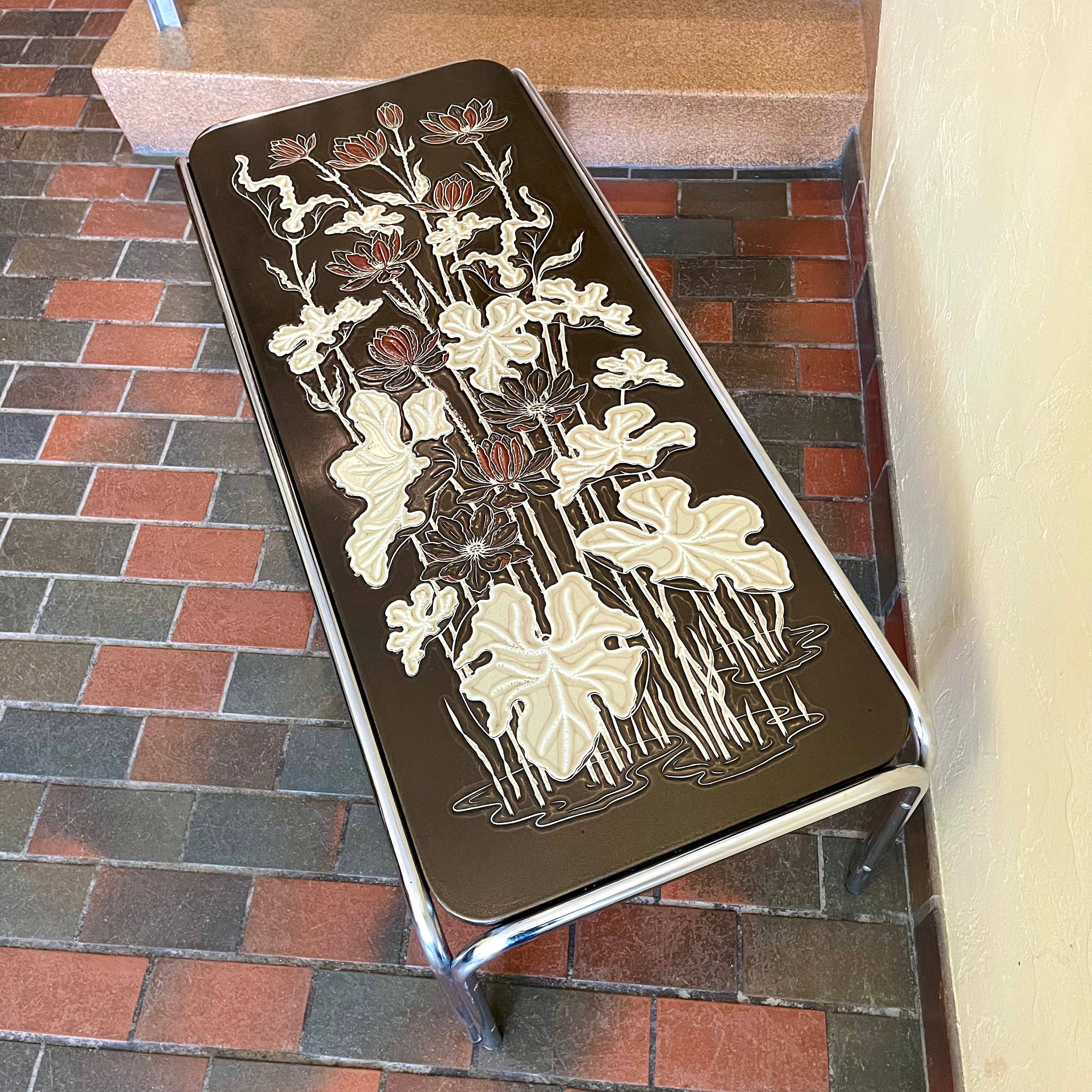 1970s Chrome and Floral Laminated Coffee Table