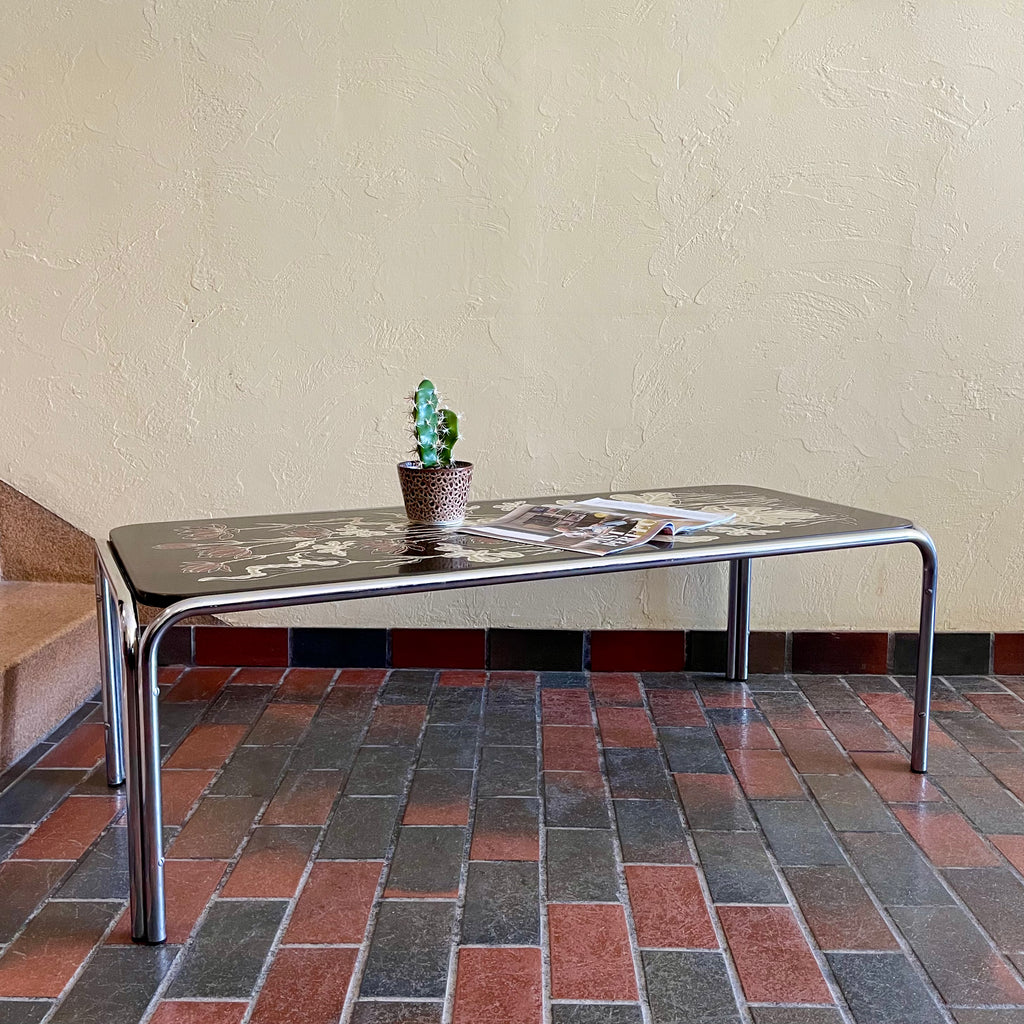 1970s Chrome and Floral Laminated Coffee Table