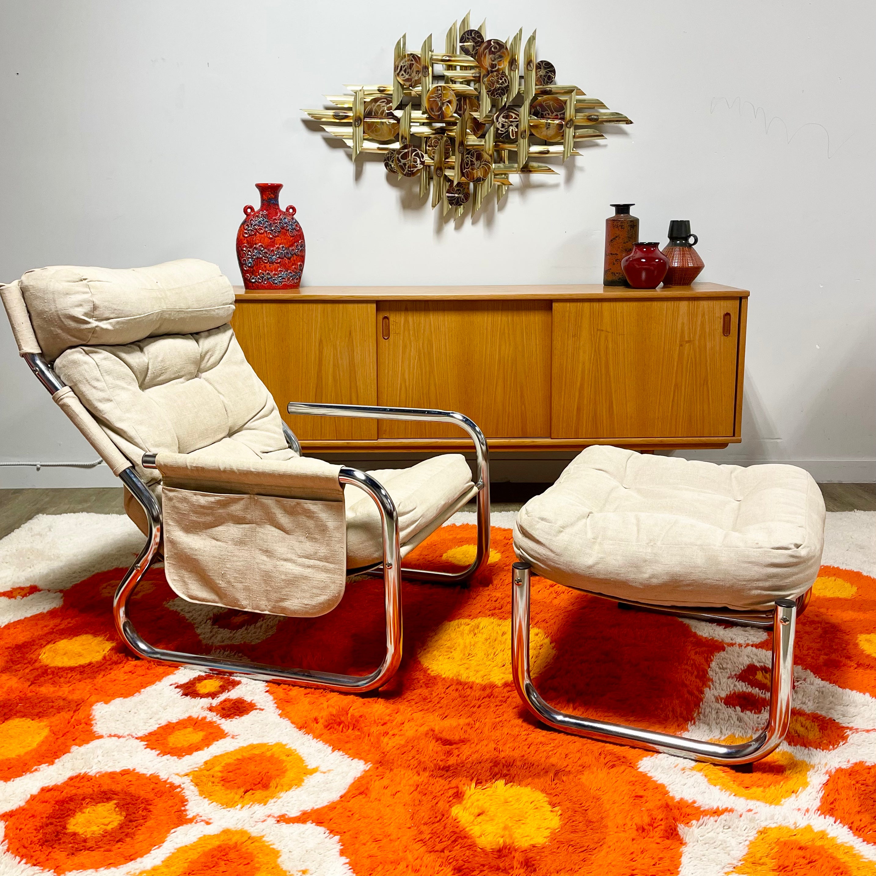 Overman Tubular Chrome  Canvas Chair + Ottoman Mr. Mansfield Vintage
