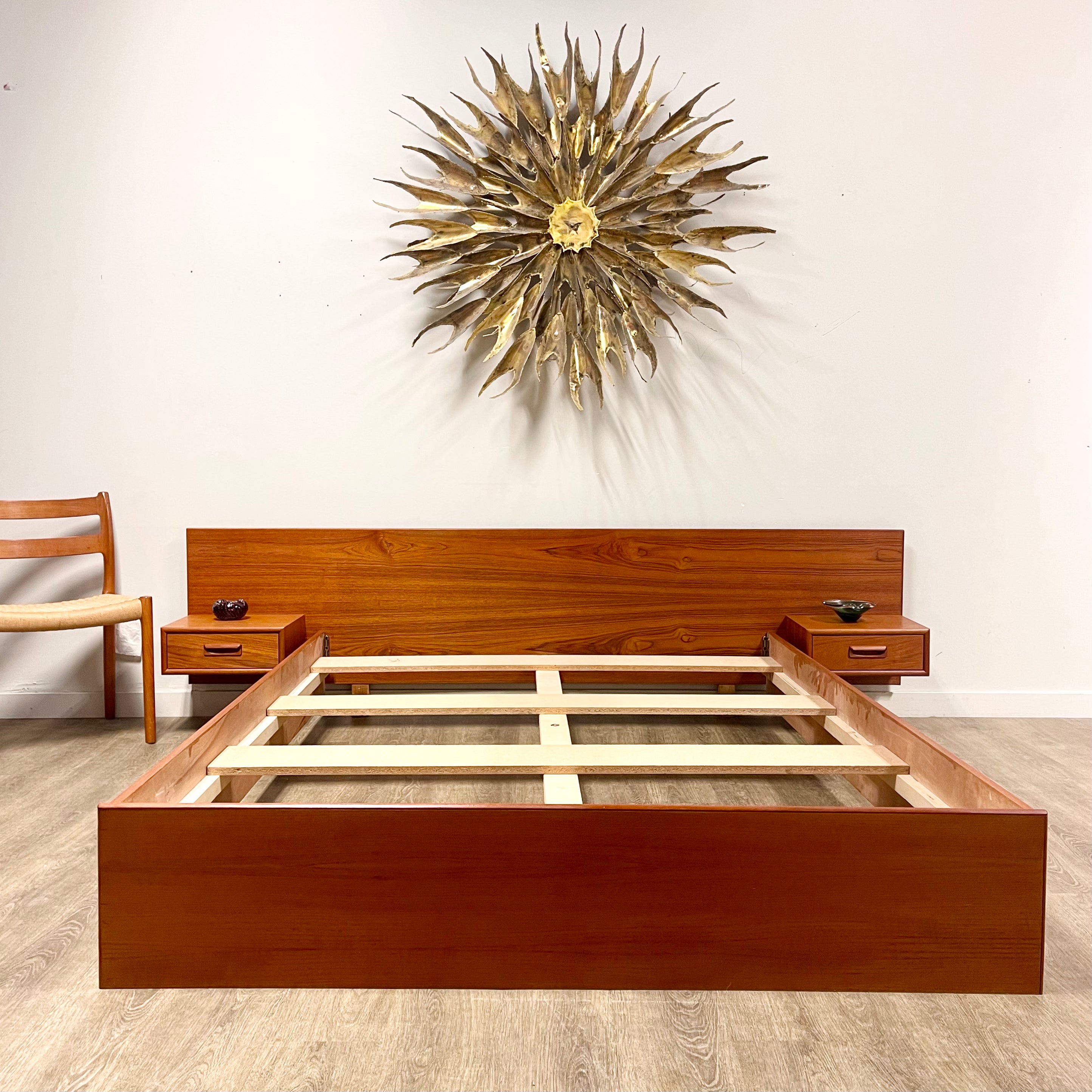 Mid-Century Teak Queen Size Bed + Floating Nightstands - Mr. Mansfield Vintage