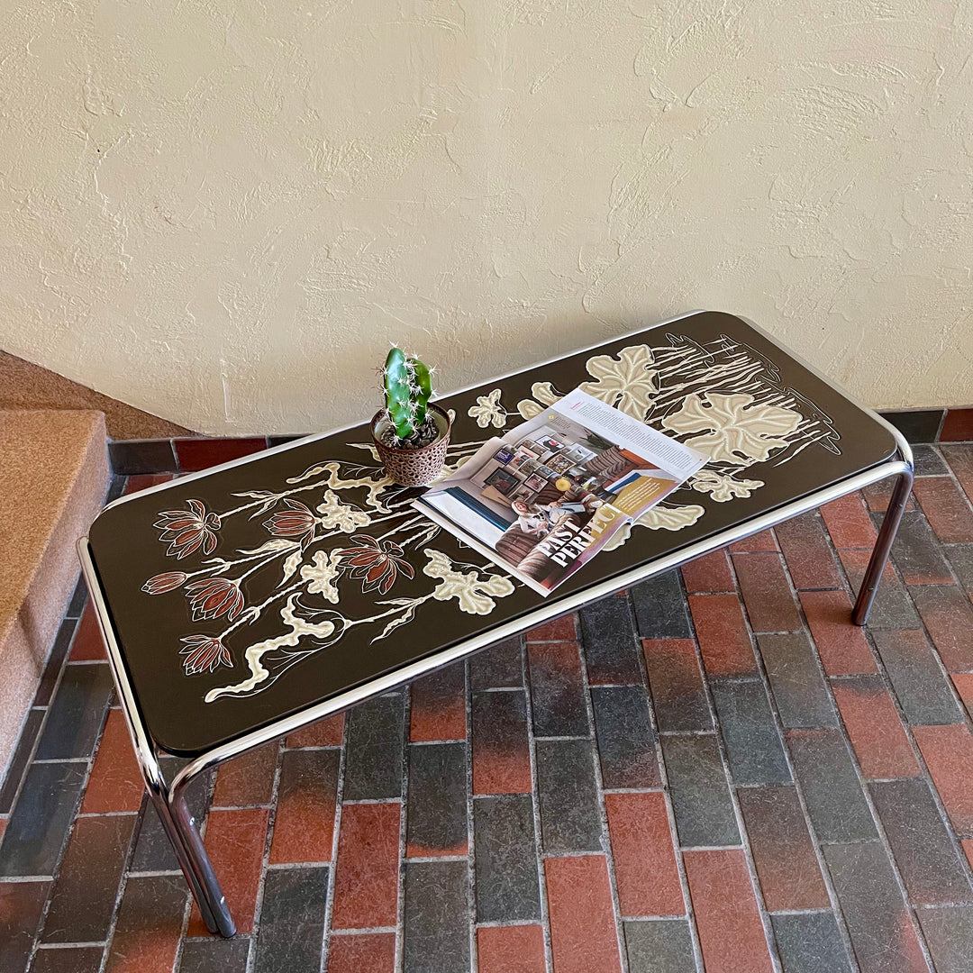 1970s Chrome and Floral Laminated Coffee Table