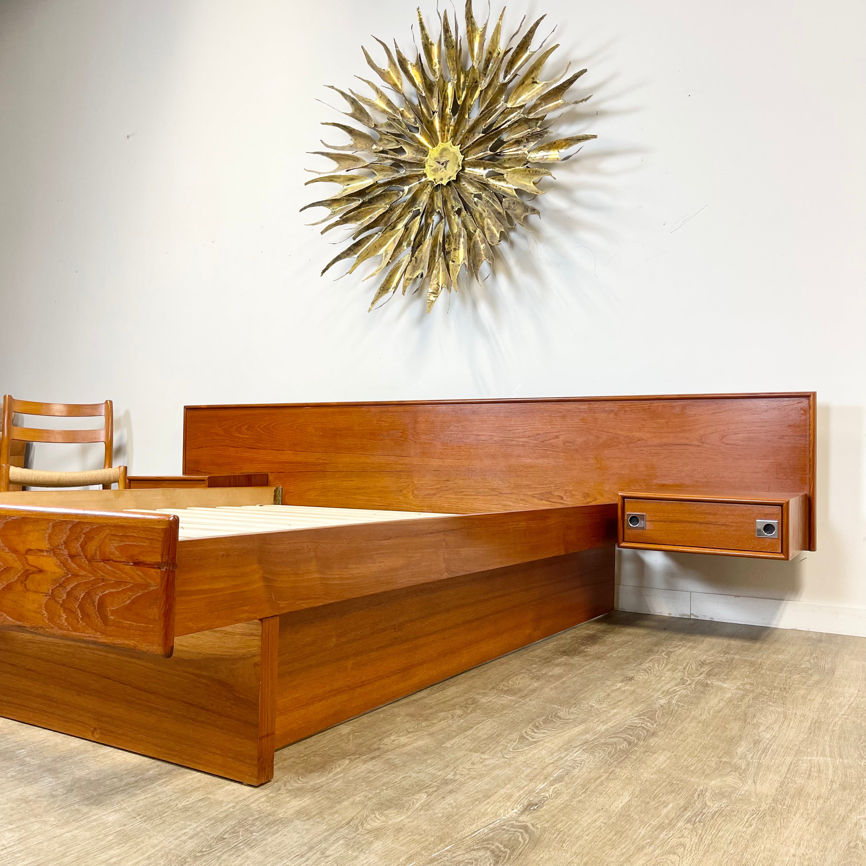 Midcentury Teak Queen Size Platform Bed + Floating Nightstands - Mr. Mansfield Vintage