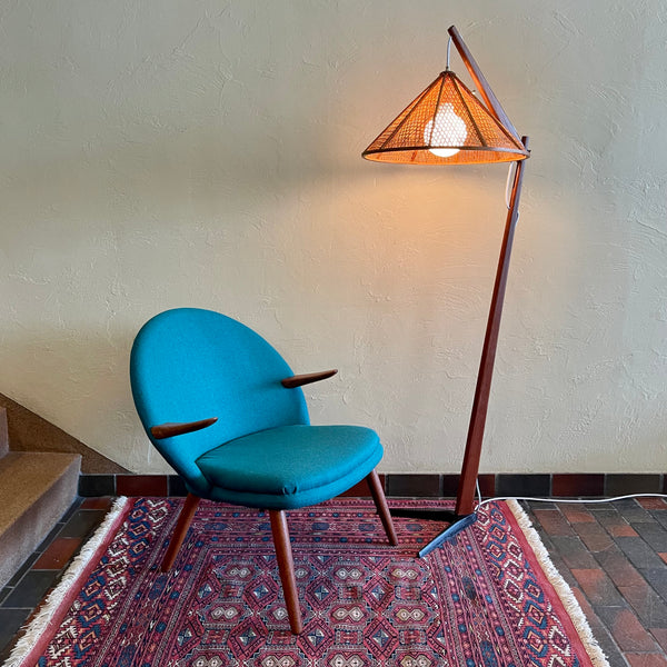 Teak Adjustable Lamp with Woven Wicker Shade