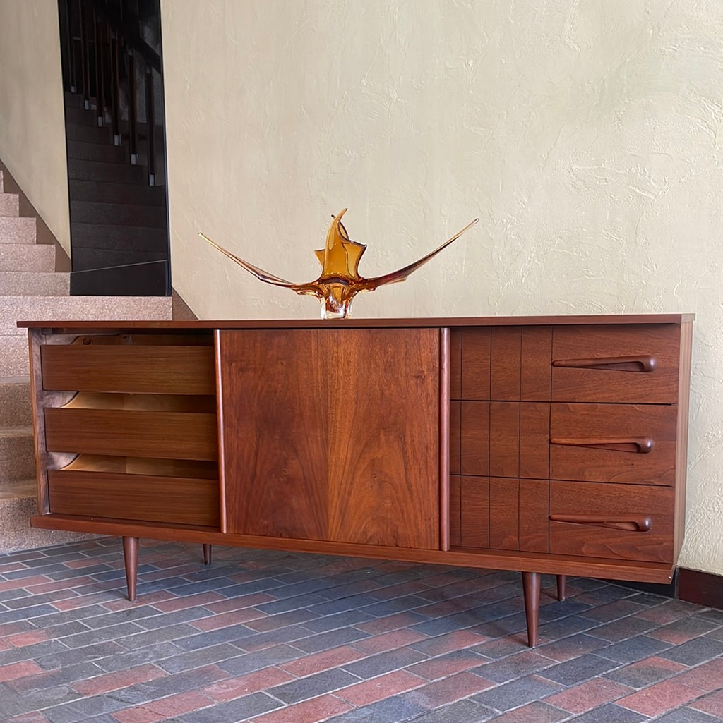 Vintage Viscol Victoriaville walnut dresser with sliding door, six drawers and long credenza shape
