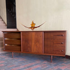 Vintage Viscol Victoriaville walnut dresser with sliding door, six drawers and long credenza shape