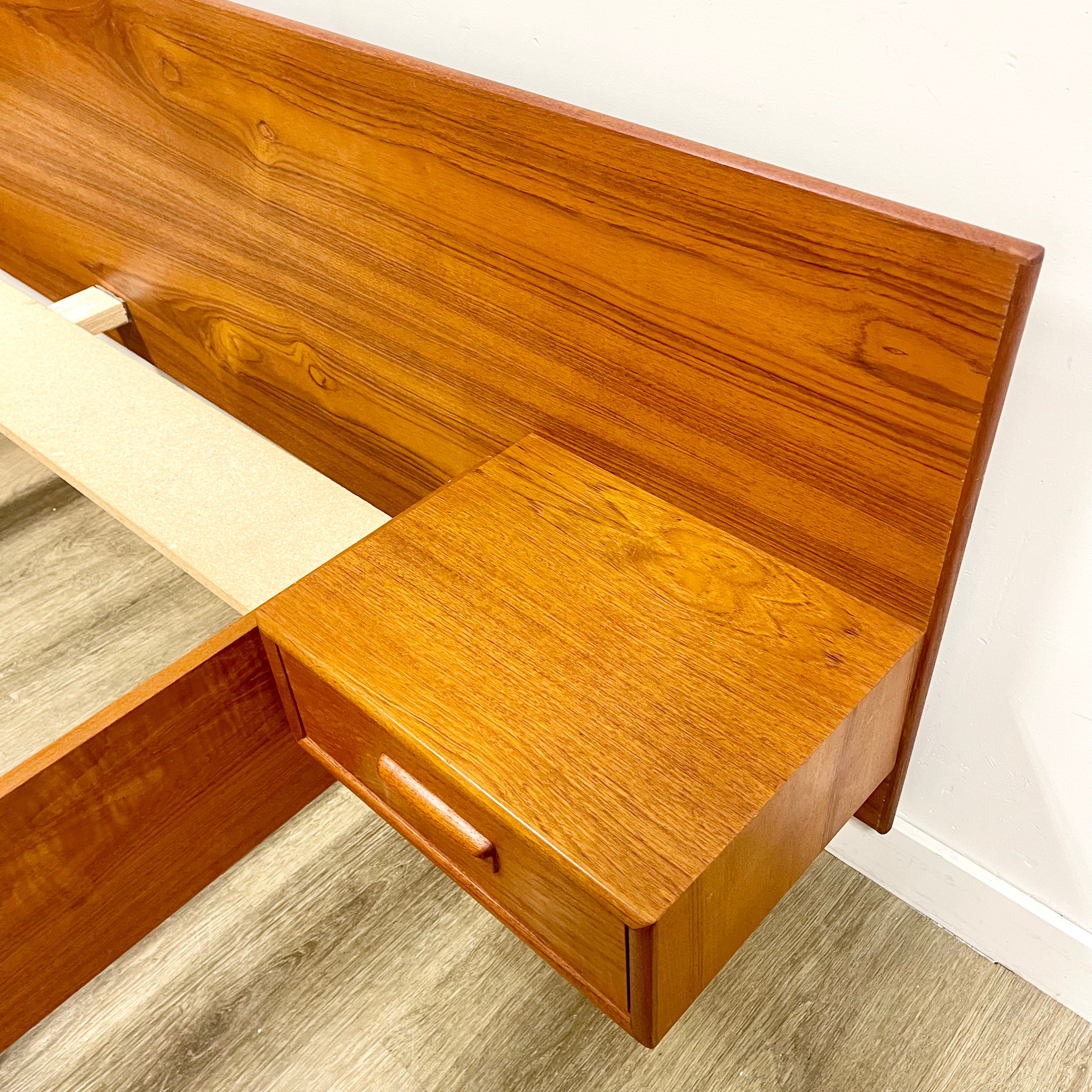 Mid-Century Teak Queen Size Bed + Floating Nightstands - Mr. Mansfield Vintage