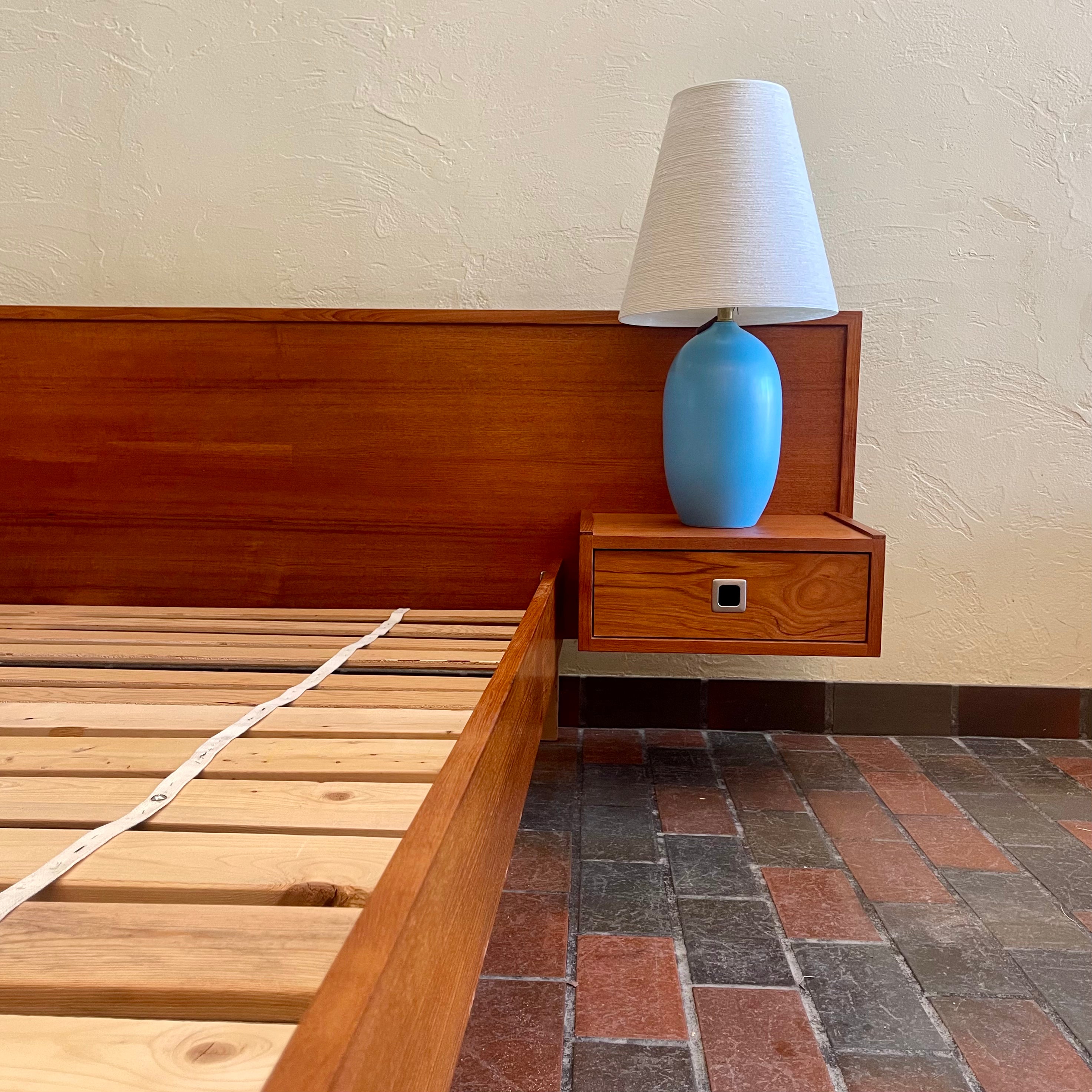 Teak Queen Size Bed + Floating Nightstands (Metal Pulls)